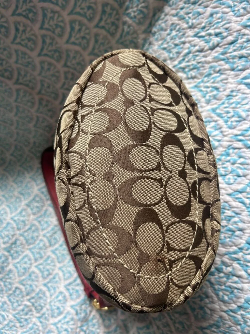 Coach Signature Duffle Hobo Shoulder Bag Khaki Canvas Red Leather Style 11437